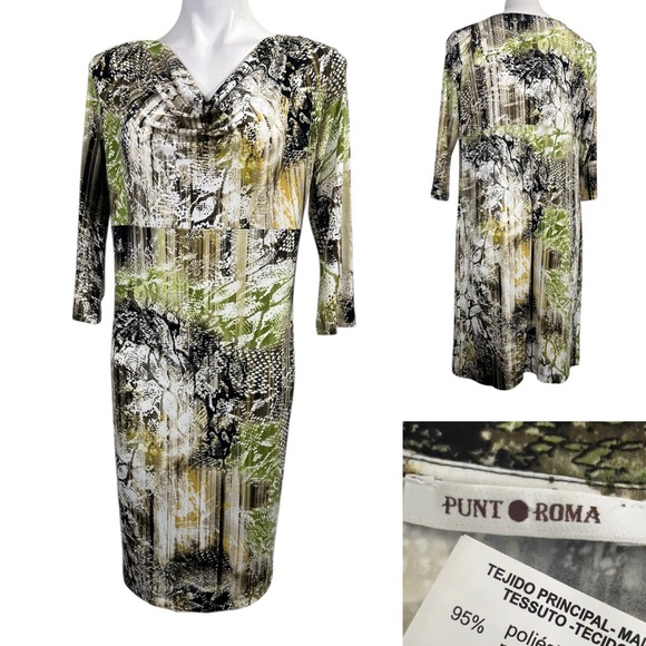 Punt Roma Dresses & Skirts - Punt Roma dress sz Med cowl neck knee length‎ shift long sleeve green multicolor